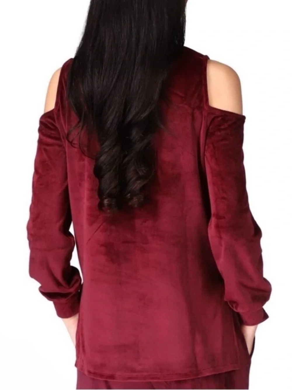 Michael Kors Cold-Shoulder Velvet Long-Sleeve Top - Burgundy